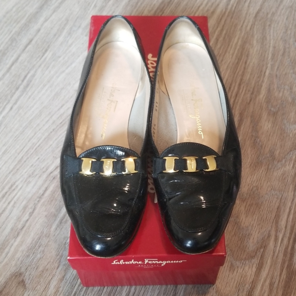Salvatore Ferragamo Black Loafers Gold Hardware